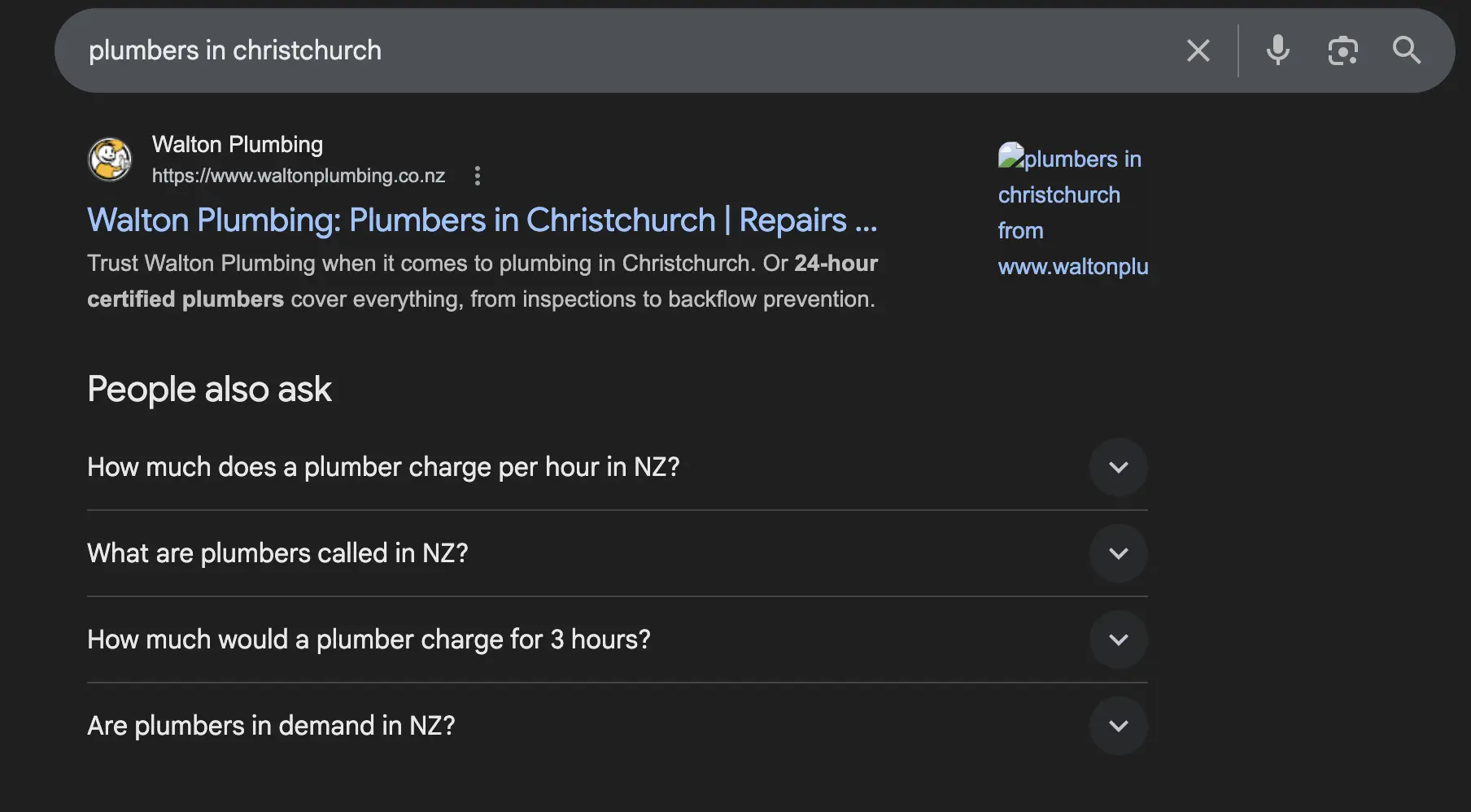 Screenshot of Google rankings for Christchurch plumber